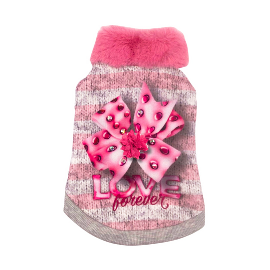 Felpa Carina rosa con stampa effetto maglia, fiocco decorativo e cristalli Swarovski, colletto in pelliccia rosa.