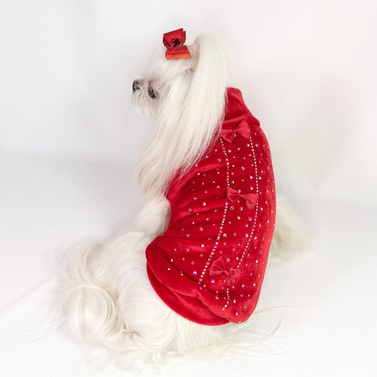 Maglioncino Antea per Cani Piccoli – Ciniglia Rossa con Cristalli e Fiocchetti, Morbido ed Elastico