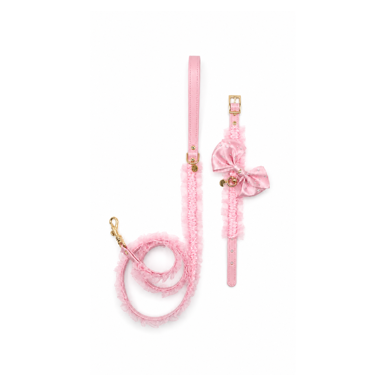 Set Lingerie rosa con collare e guinzaglio coordinati in ecopelle opaca per cani piccoli
