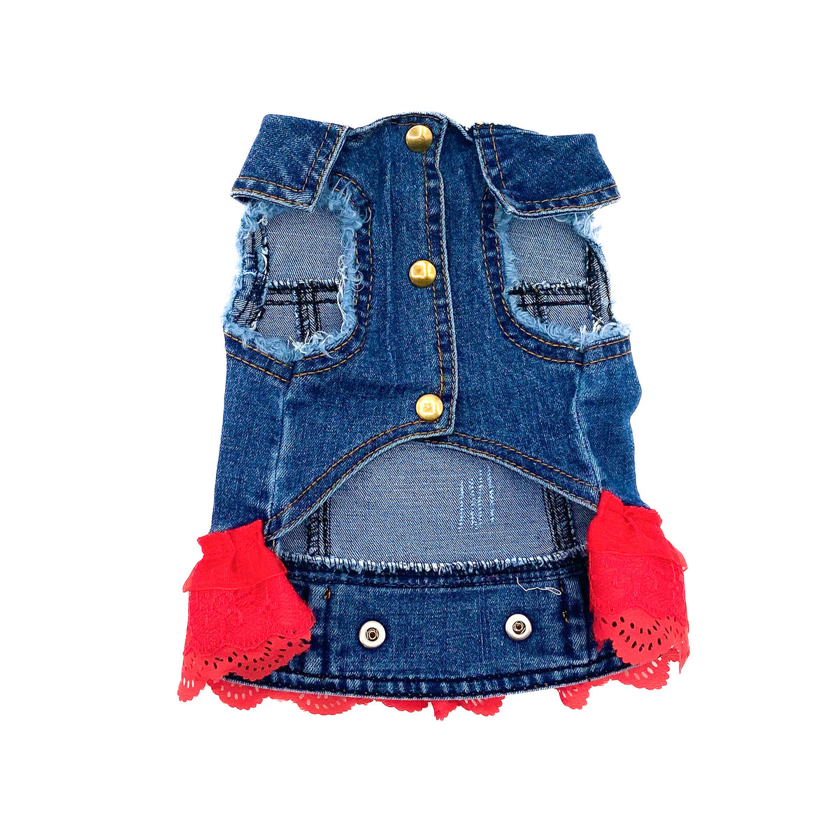BauJeans Summer visto dal davanti, aperto, con bottoni a pressione e rouche rossa in pizzo