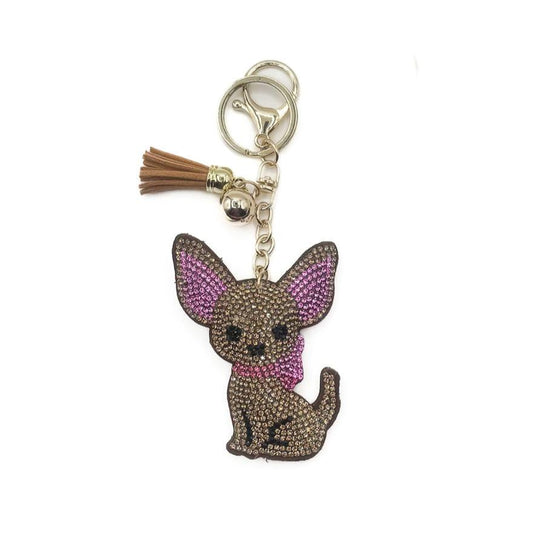 Charm Chihuahua con strass caramello e fucsia, con nappina in pelle
