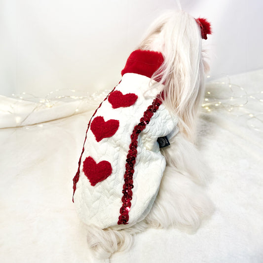 Maltese bianco indossa la felpa Regina con cuori rossi e collo in peluche, felpa invernale per cani piccoli