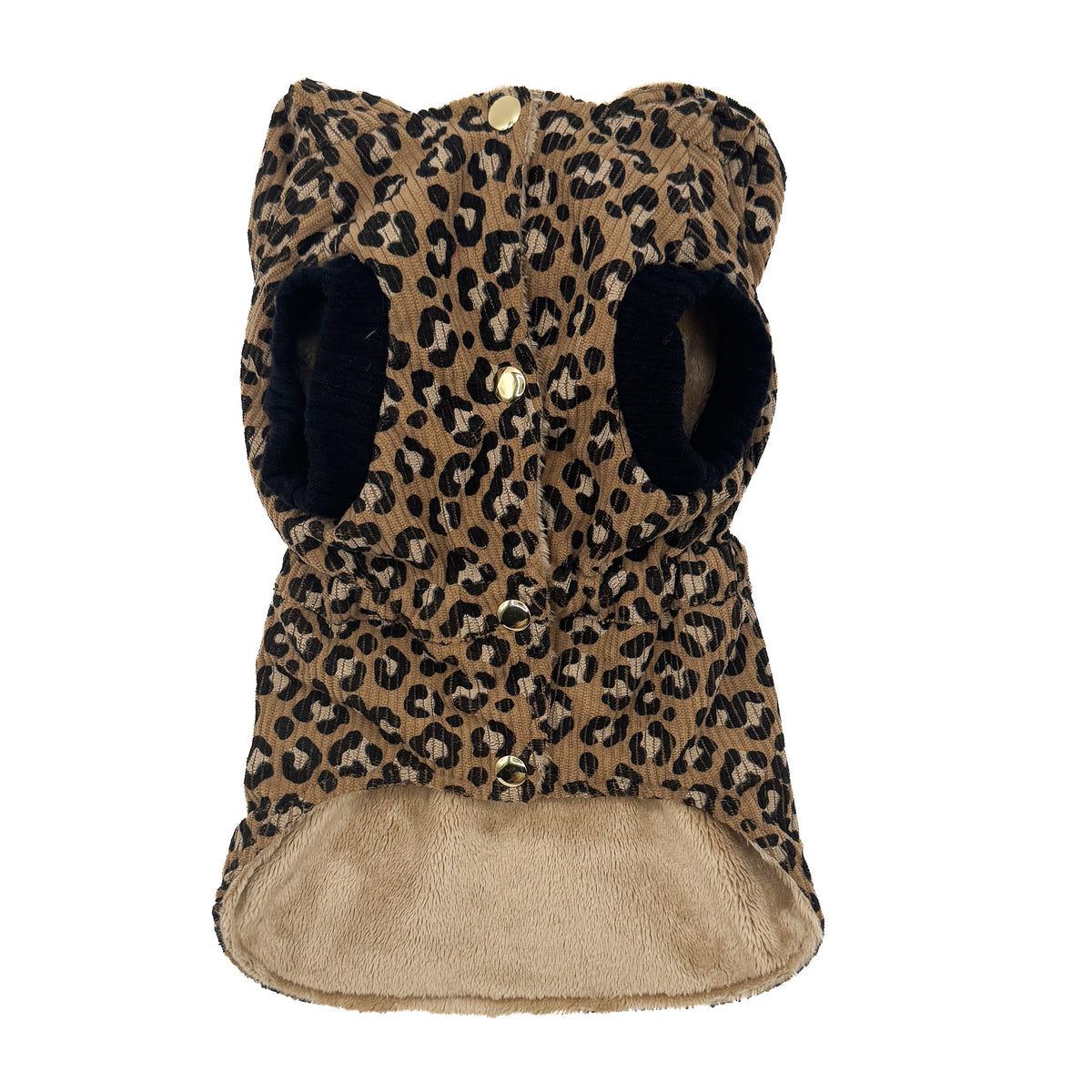 Parka Leopard per cani piccoli visto sul davanti, con bottoncini a pressione dorati, maniche in maglia nera e interno in pelliccia caramello