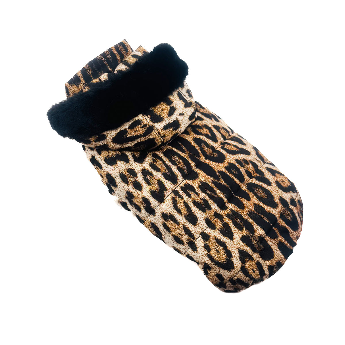 Dettaglio del cappuccio con bordo in peluche nero del Piumino Leopard