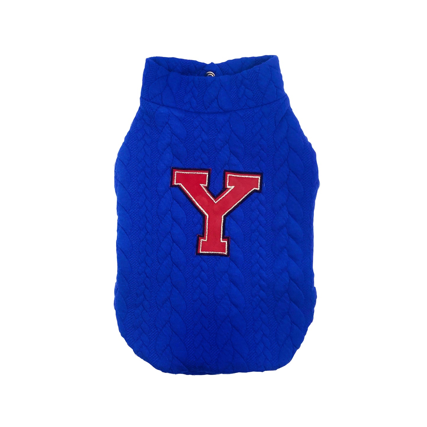 Felpa Merak in misto cotone jacquard a treccia blu, con applicazione simil vinile "Y" rossa