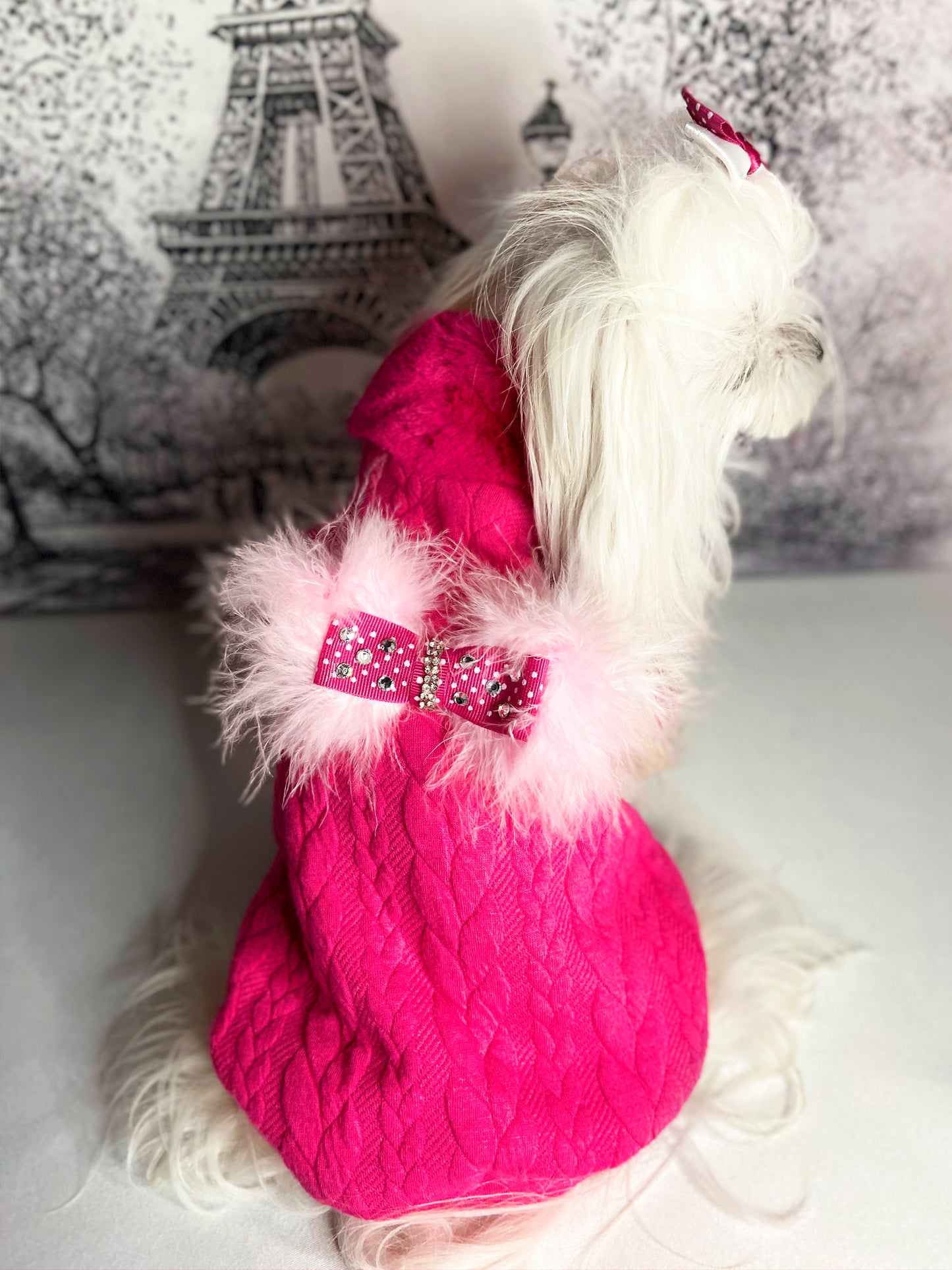 Felpa Miram in jacquard treccia, con collo in pelliccetta e fiocco in strass Swarovski per cani