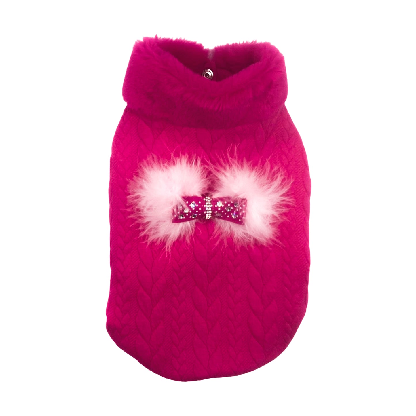 Felpa Miram in jacquard treccia, con collo in pelliccetta e fiocco in strass Swarovski per cani