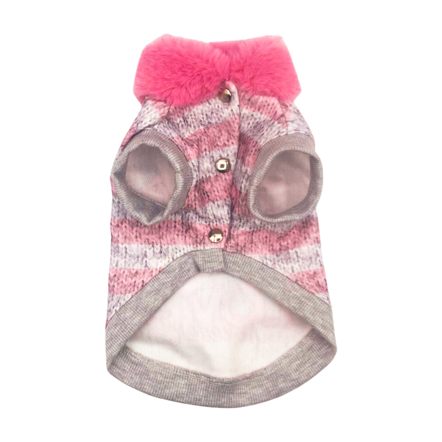 Felpa Carina rosa con stampa effetto maglia, fiocco decorativo e cristalli Swarovski, colletto in pelliccia rosa.