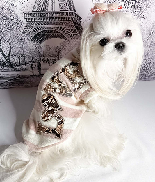 Maglioncino Merope in caldo cotone a righe, con collo alto a trecce e applicazione animalier con strass