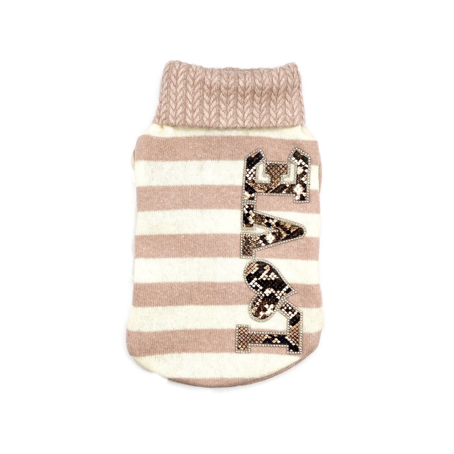 Maglioncino Merope in caldo cotone a righe, con collo alto a trecce e applicazione animalier con strass