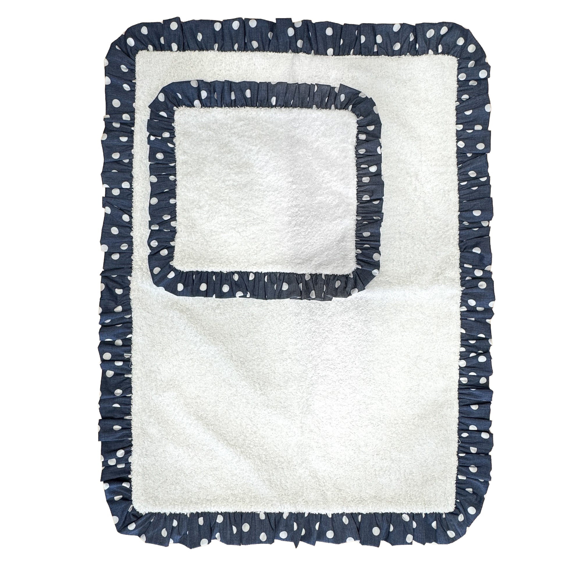 Set Travel Mat blu a pois aperto, telo grande e telo piccolo in spugna bianca con ruche a pois, per cani piccoli