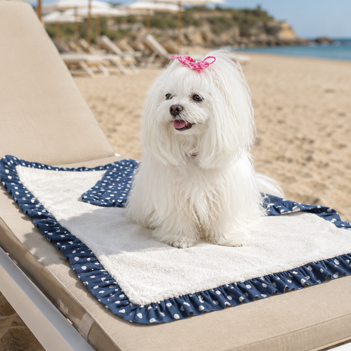 Cane di piccola taglia sul Travel Mat blu a pois, su un lettino tra gli ombrelloni