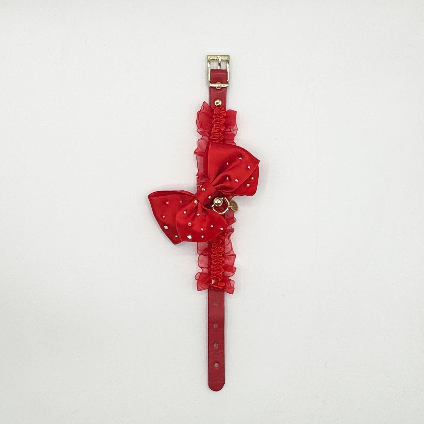 Collare Lingerie rosso in ecopelle con ruche e fiocco di strass per cani piccoli