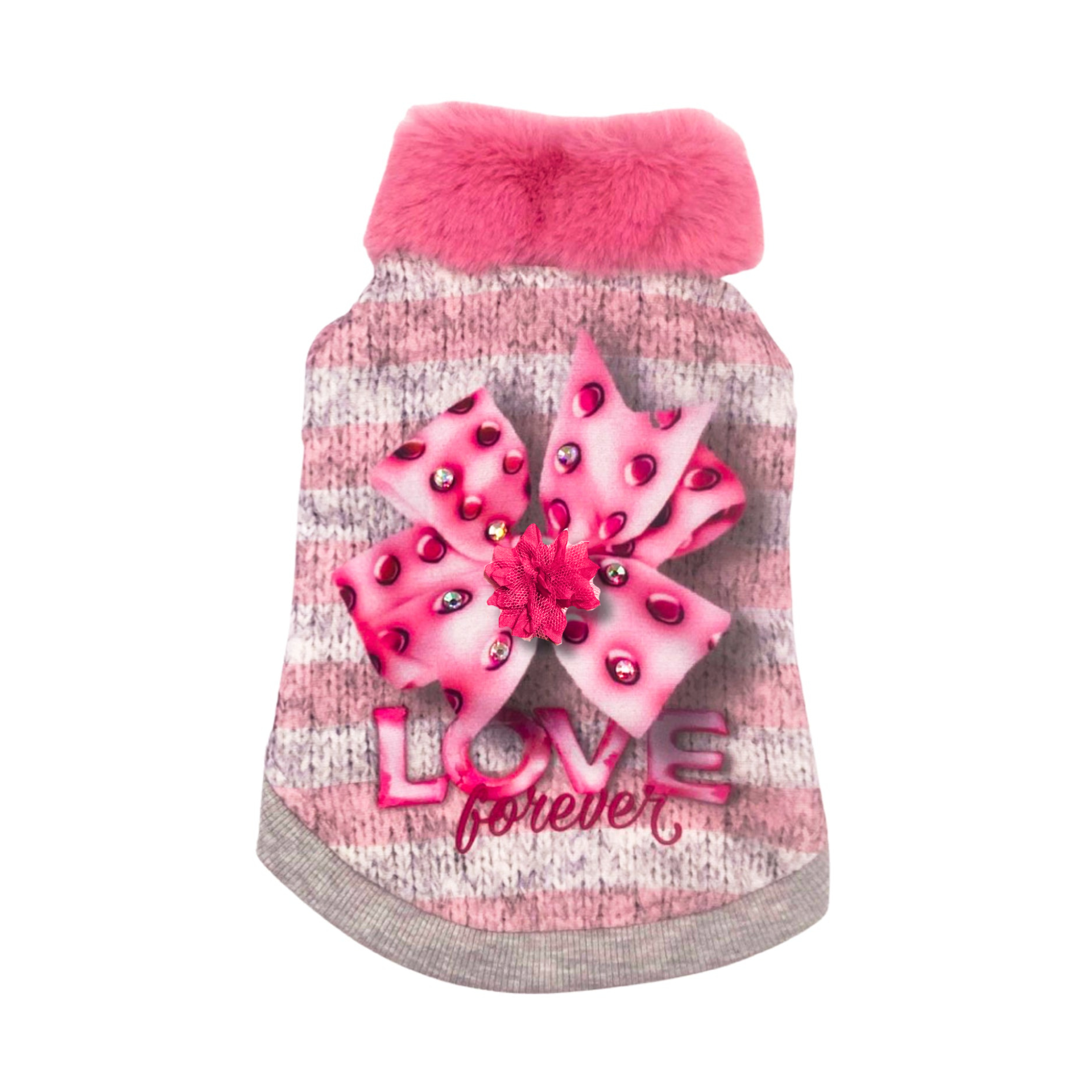 Felpa Carina rosa con stampa effetto maglia, fiocco decorativo e cristalli Swarovski, colletto in pelliccia rosa.