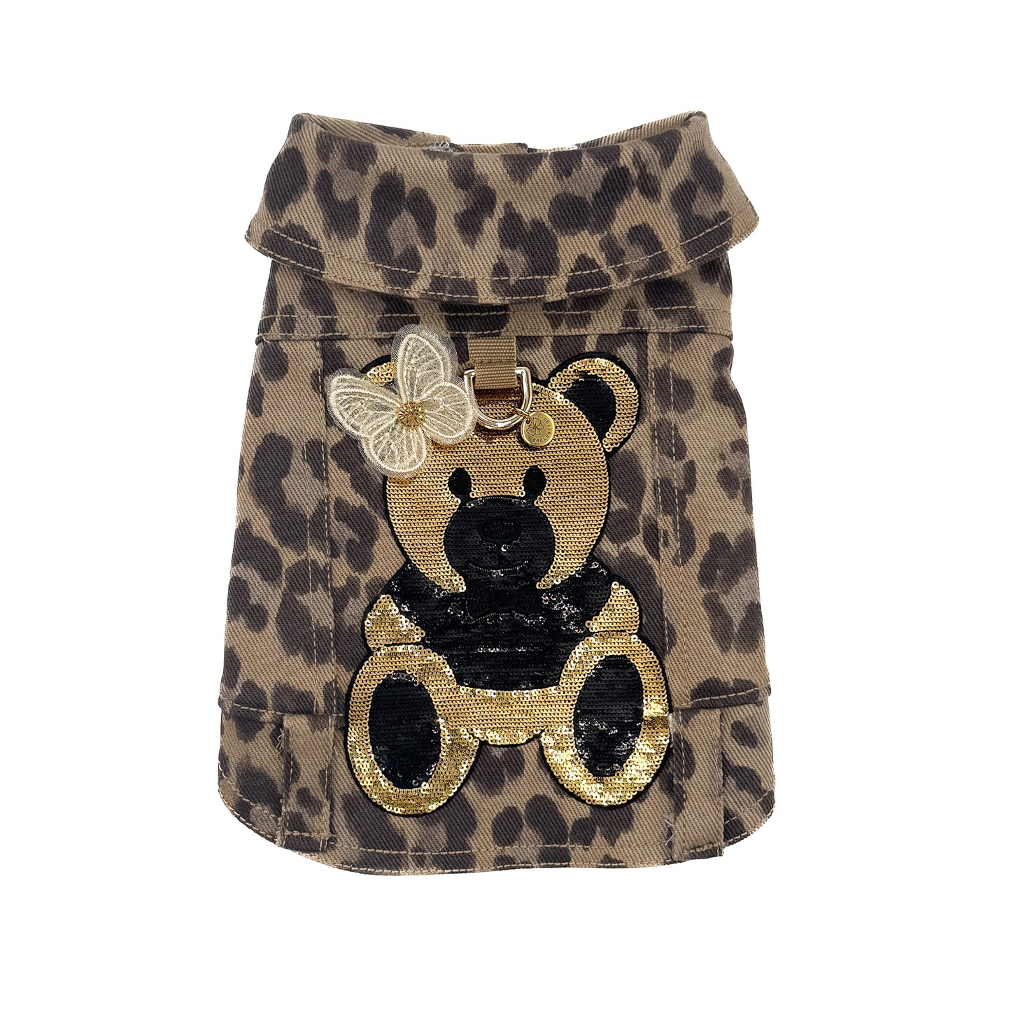 Baujeans couture Savana per cane di piccola taglia in tessuto maculato con decorazioni personalizzabili in cristalli e paillettes – Bauloveyou