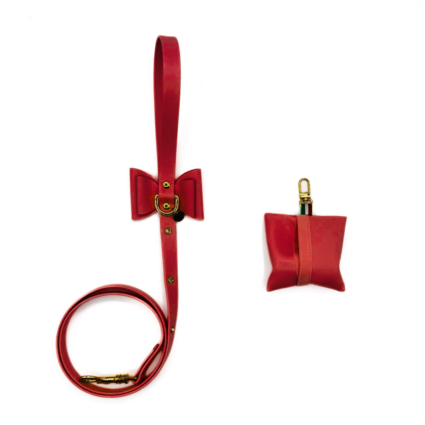 Guinzaglio in ecopelle rosso con cristalli e portasacchetti abbinato