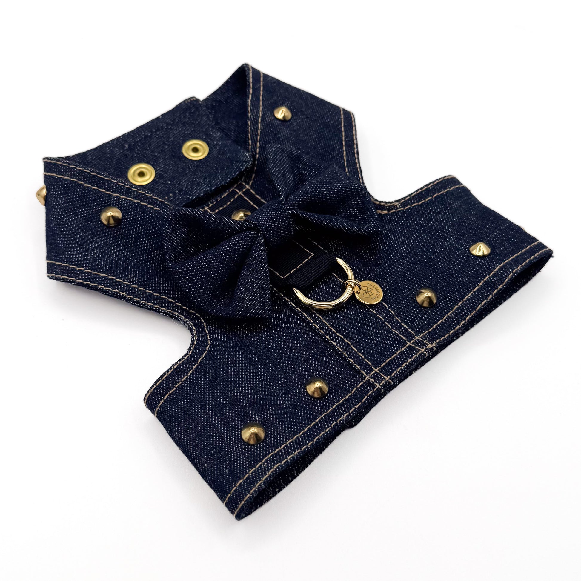 Dettaglio retro brassiere Iron in denim blu con fiocco e aggancio guinzaglio