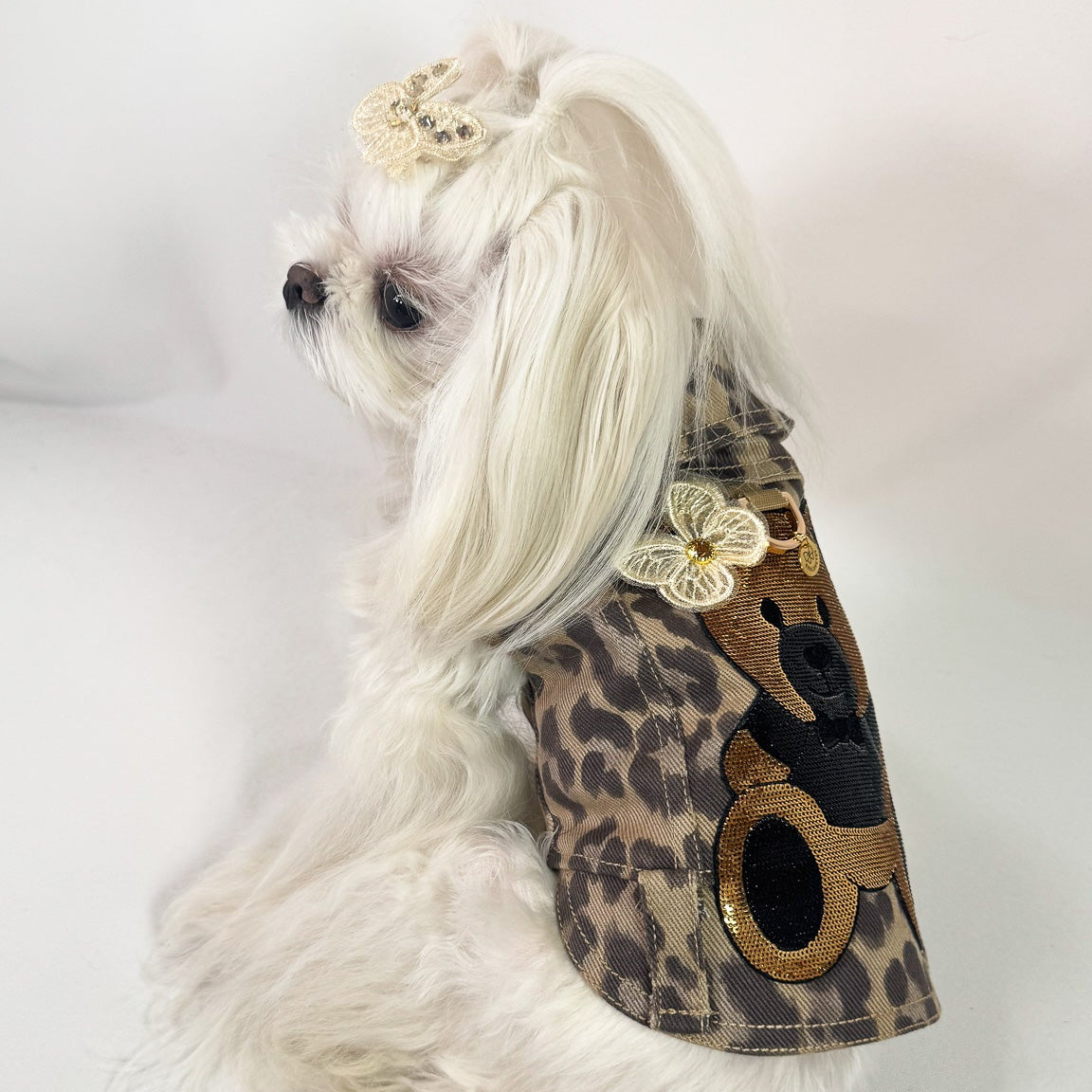 Baujeans couture Savana per cane di piccola taglia in tessuto maculato con decorazioni personalizzabili in cristalli e paillettes – Bauloveyou