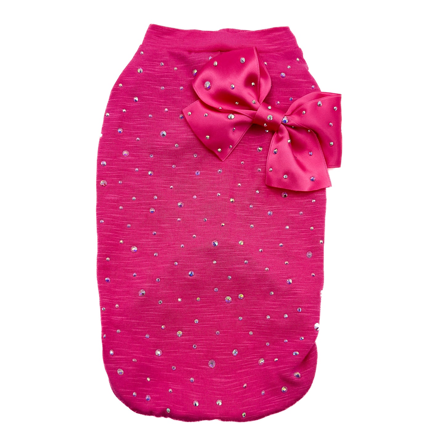 T-shirt fucsia in misto stretch con retro interamente ricoperto da cristalli aurora boreale e fiocco in raso