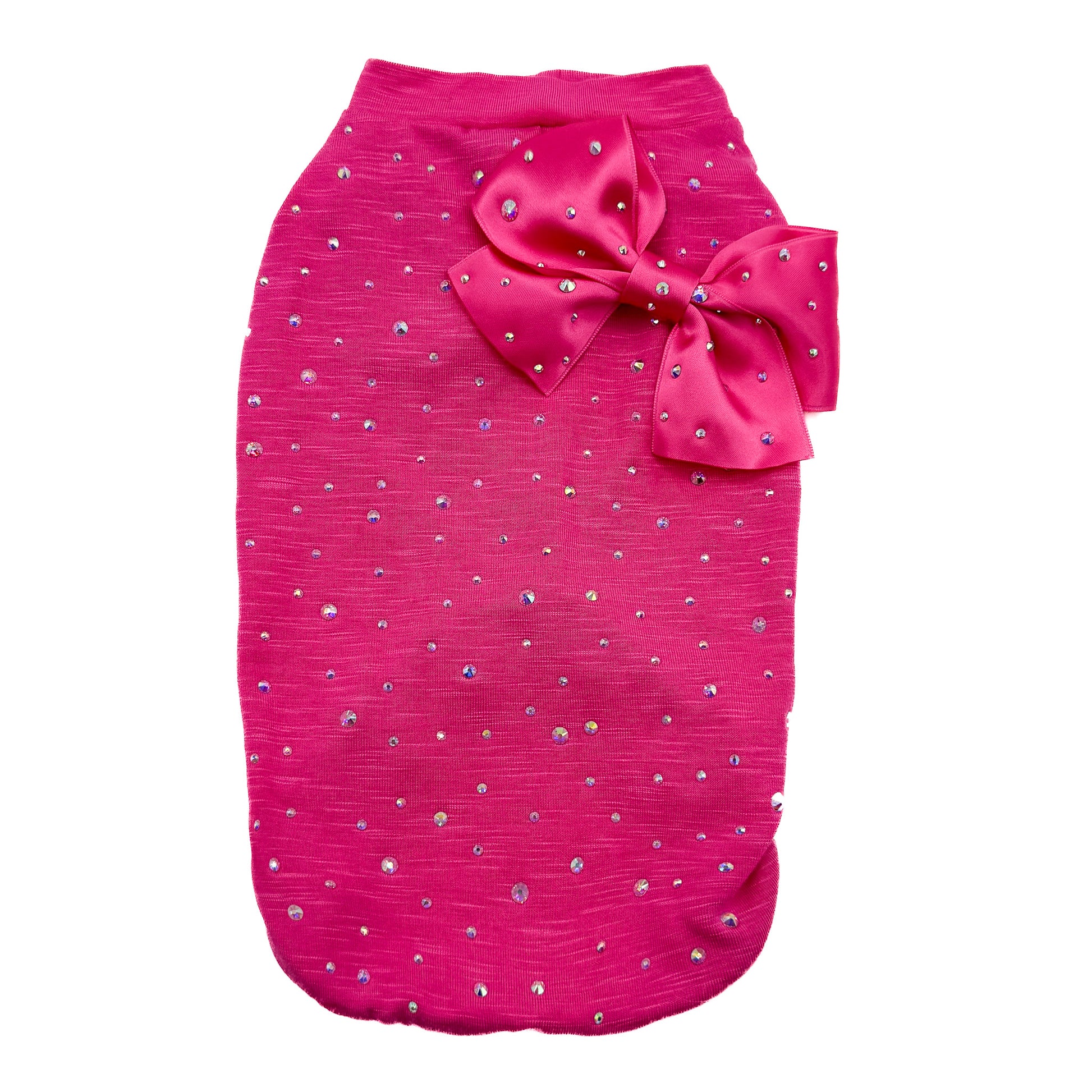 T-shirt fucsia in misto stretch con retro interamente ricoperto da cristalli aurora boreale e fiocco in raso