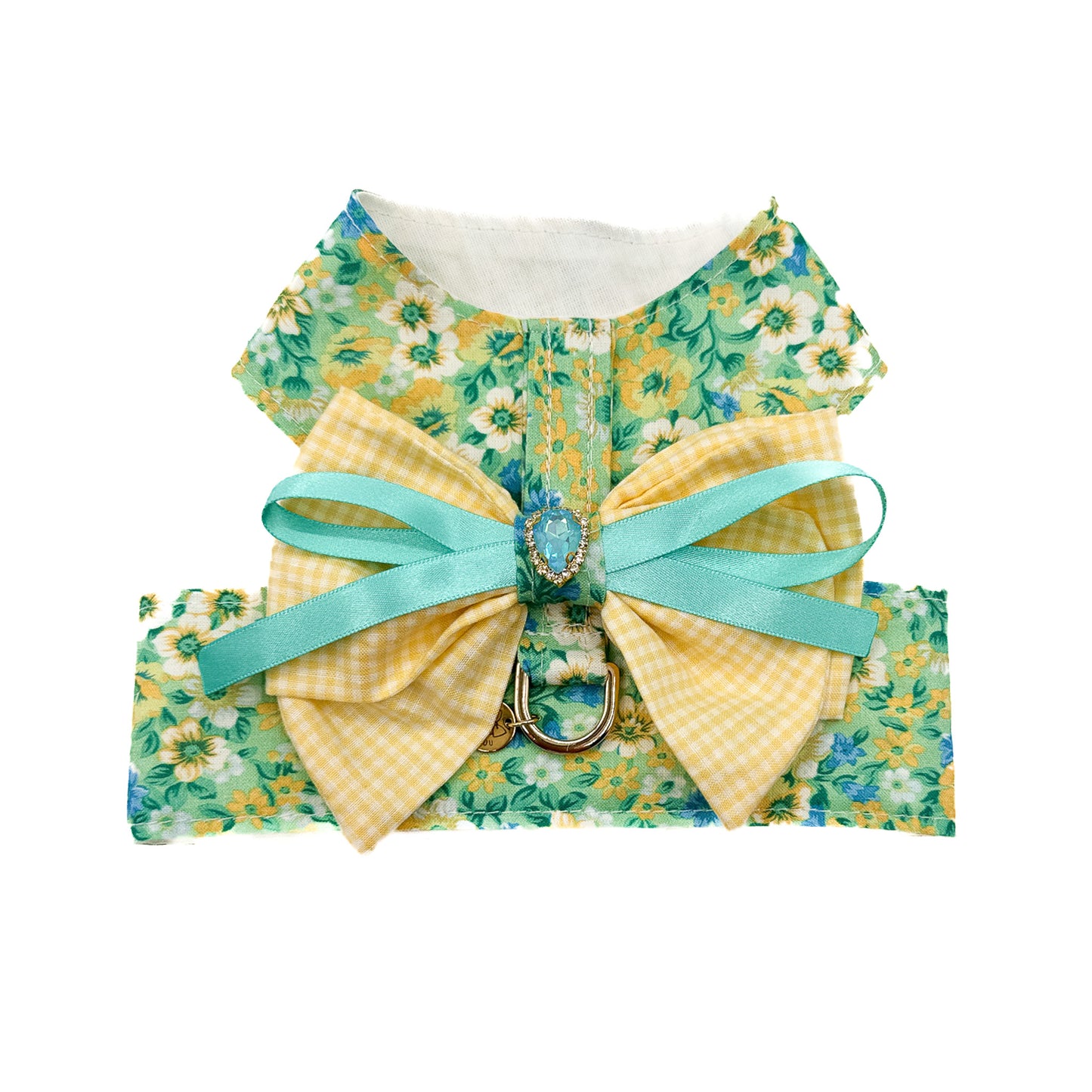 Brassiere Liberty indossata da cane piccolo con fantasia floreale