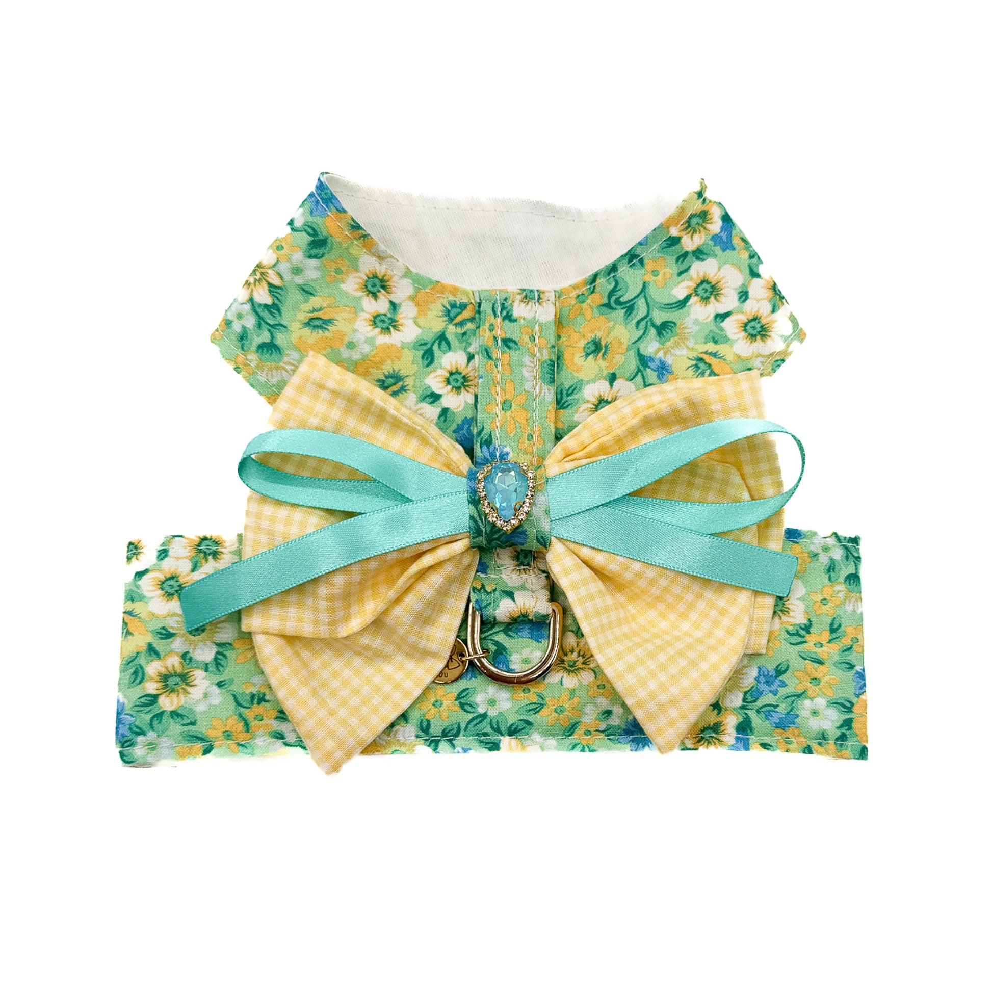Brassiere Liberty indossata da cane piccolo con fantasia floreale