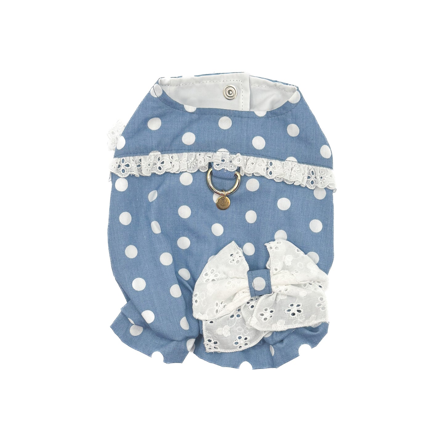 Camicina Positano in chambray azzurro chiaro a pois bianchi con ruche in sangallo sulle maniche e al centro dietro