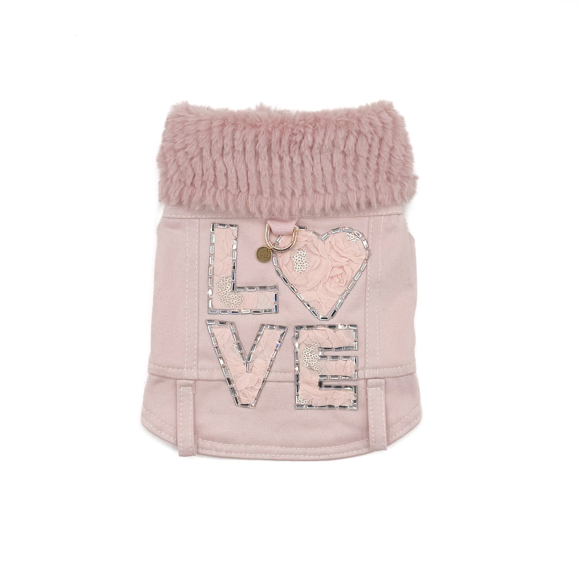 BauJeans Couture Perla per cani piccoli in drill rosa baby con collo in pelliccetta e patch 3D in tessuto e paillettes