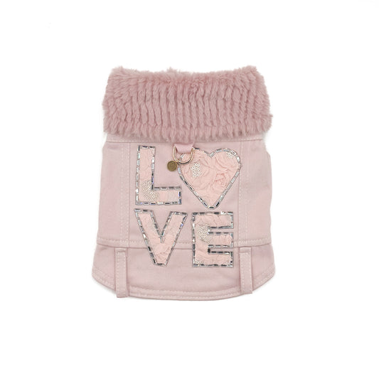 BauJeans Couture Perla per cani piccoli in drill rosa baby con collo in pelliccetta e patch 3D in tessuto e paillettes