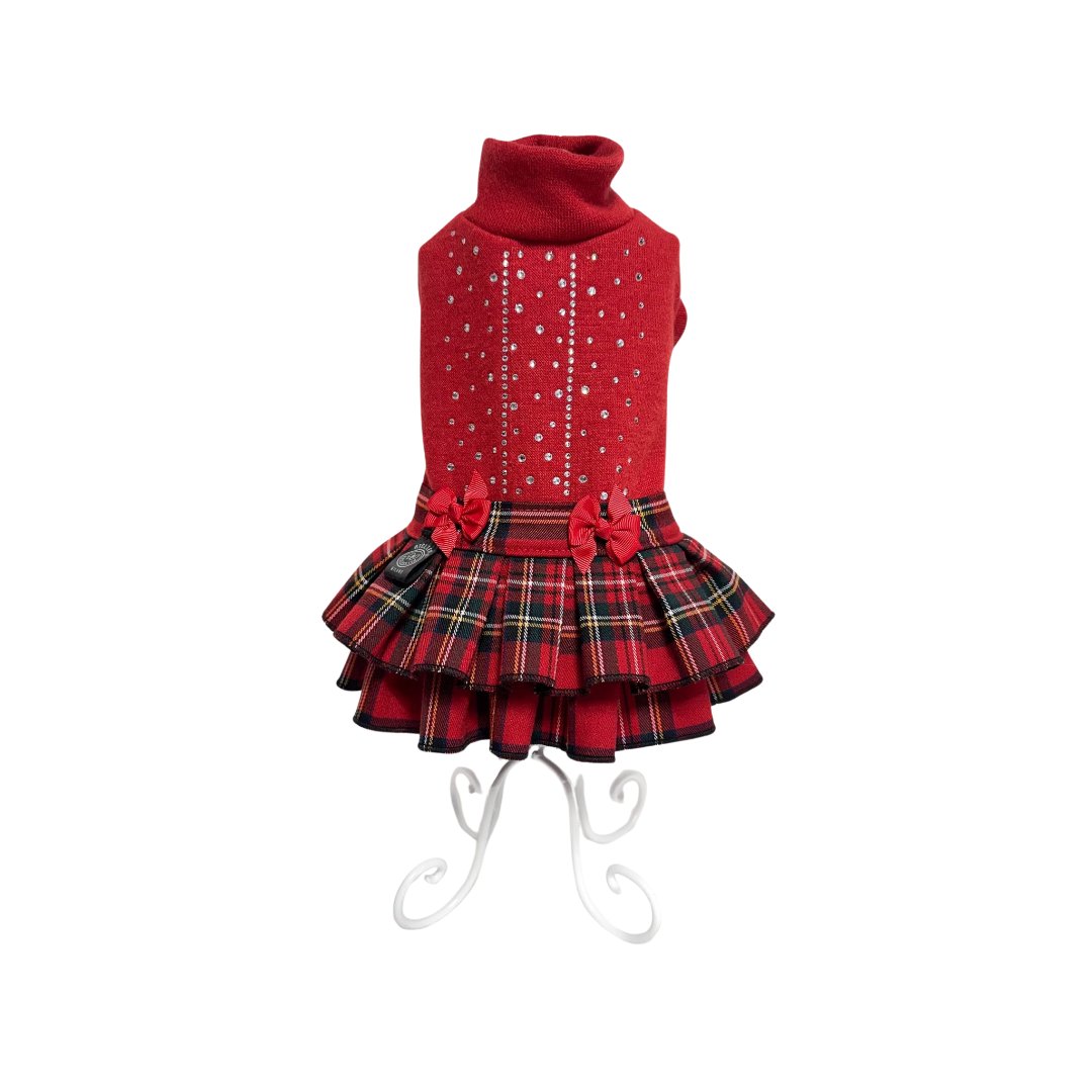 Abito Sibilla – Maglia Viscosa con Cristalli e Gonna Scozzese a Balze