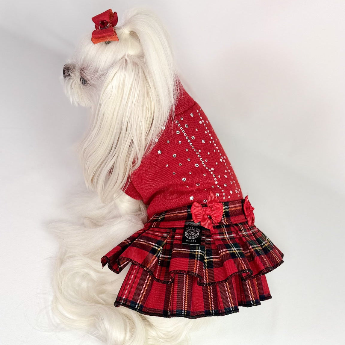 Abito Sibilla – Maglia Viscosa con Cristalli e Gonna Scozzese a Balze