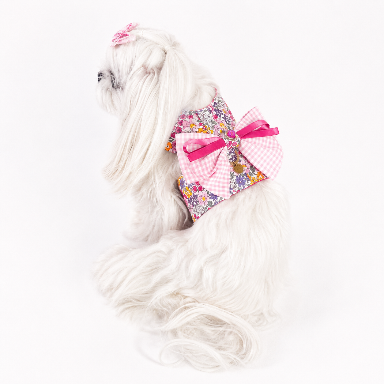 Pettorina Brassiere Liberty rosa con fiocco vichy per cani piccoli