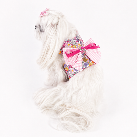 Pettorina Brassiere Liberty rosa con fiocco vichy per cani piccoli