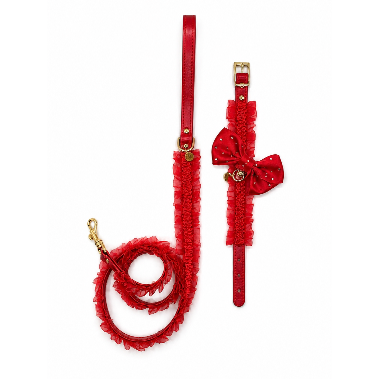 Set Lingerie rosso con collare e guinzaglio coordinati per cani piccoli