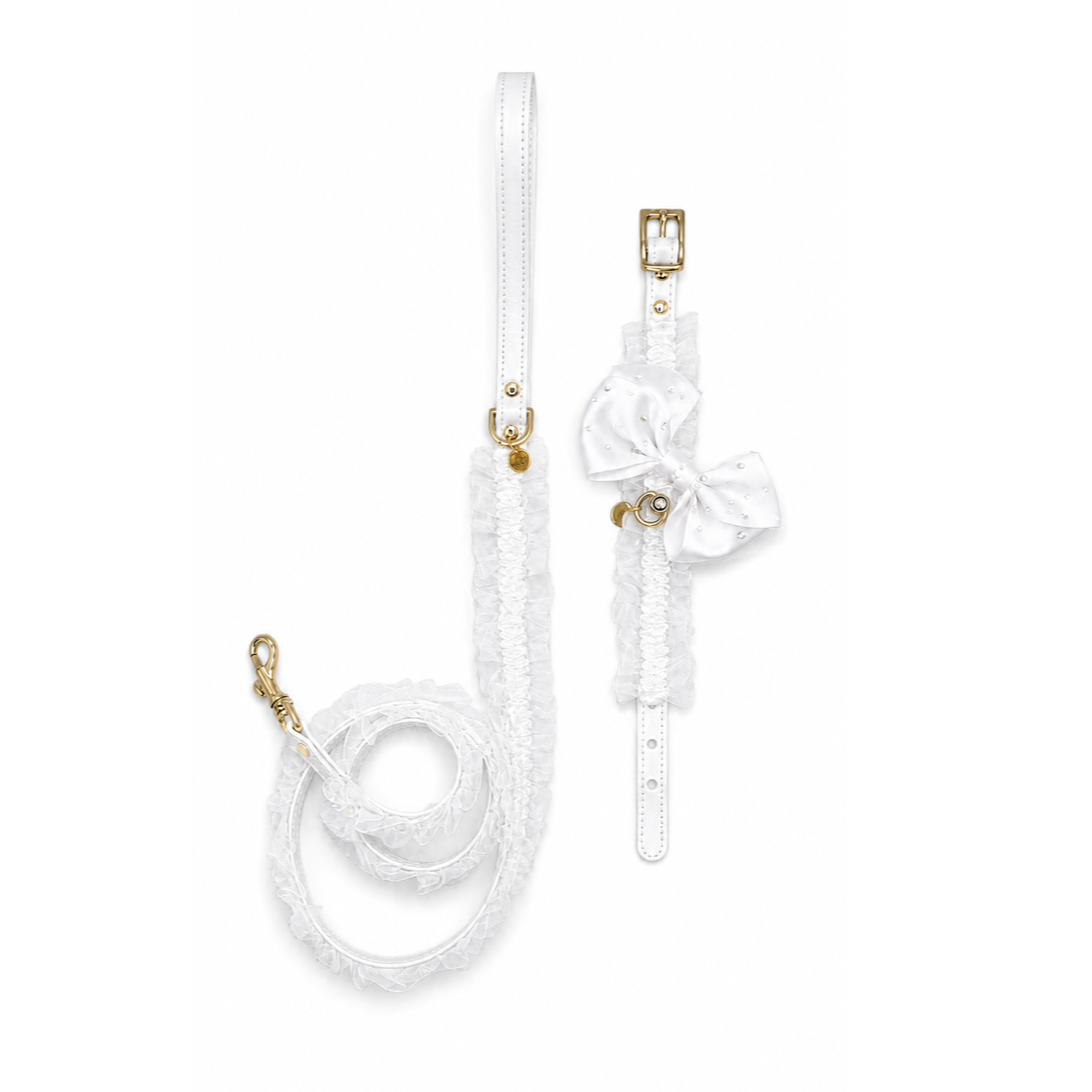 Set Lingerie bianco in pelle con collare e guinzaglio coordinati per cani piccoli