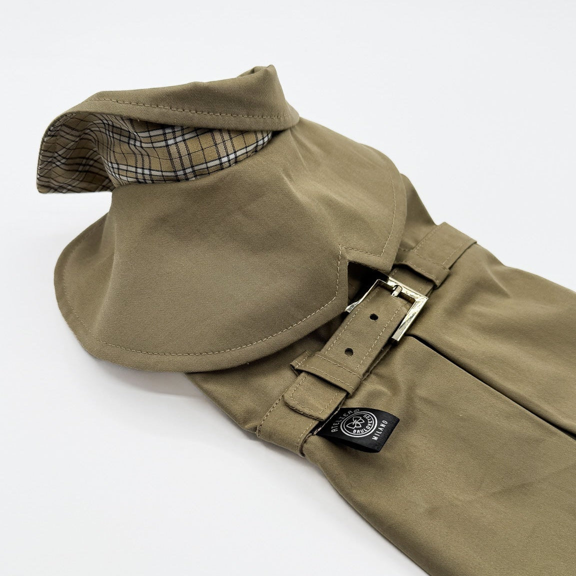 Trench Elan per cani piccoli interno scozzese beige dettaglio