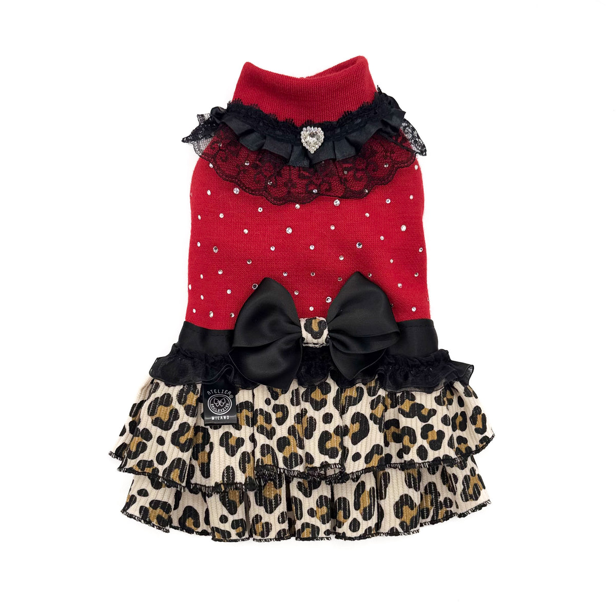 Abito Amaranta per cani piccoli con maglia rossa, cristalli, pizzo nero e gonna maculata a balze
