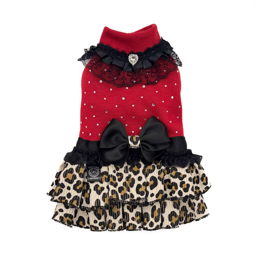 Abito Amaranta per cani piccoli con maglia rossa, cristalli, pizzo nero e gonna maculata a balze