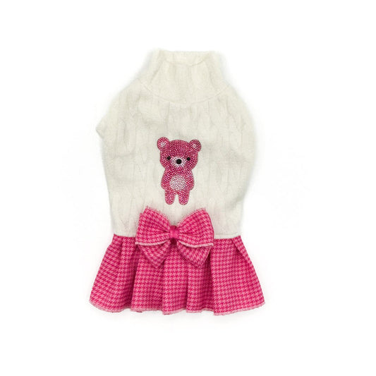 Abito Andromeda per cani piccoli in maglia panna a trecce con gonnellina pied de poule rosa e orsetto in strass