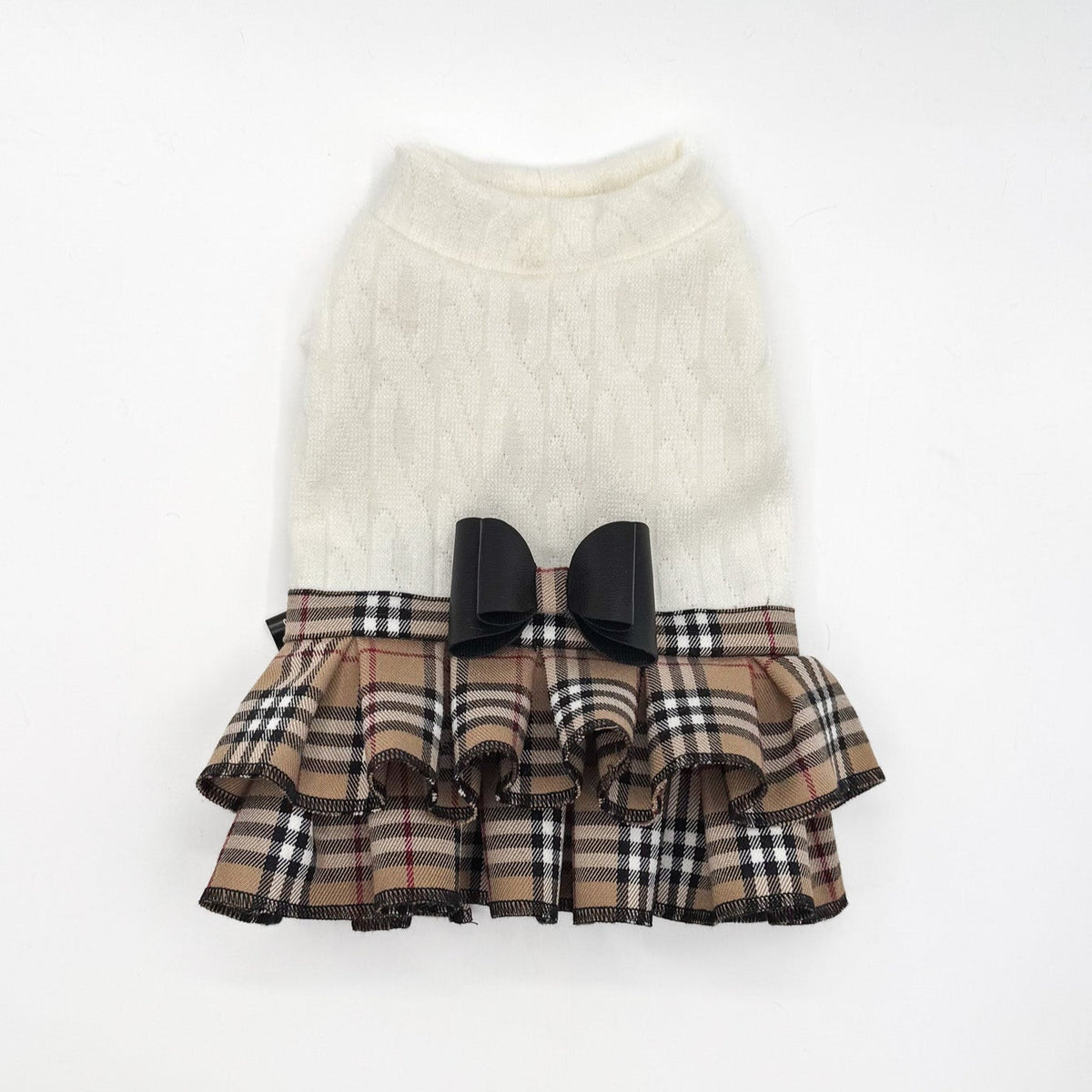 Abito Brit per cani piccoli con maglia panna a trecce e gonna scozzese cammello a pieghe