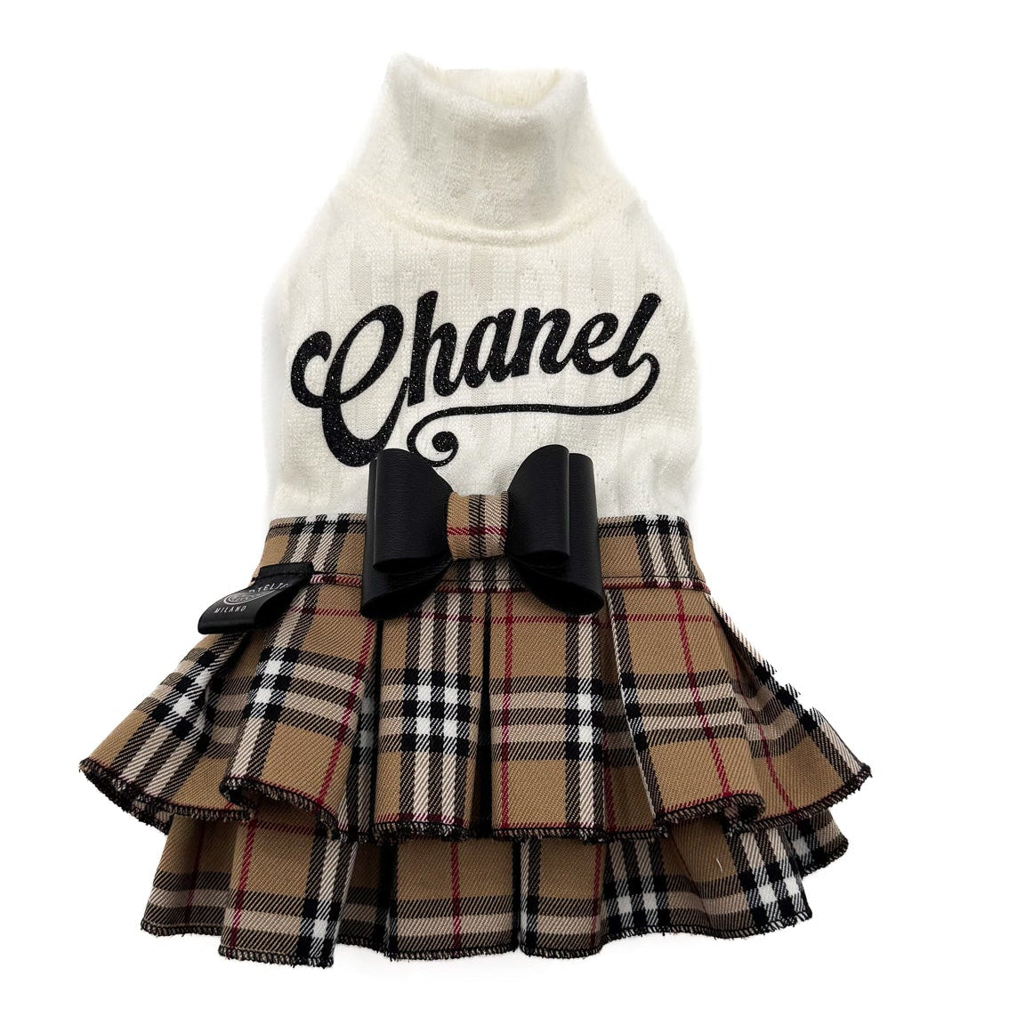Abito Brit con nome personalizzato in glitter nero e gonna scozzese cammello