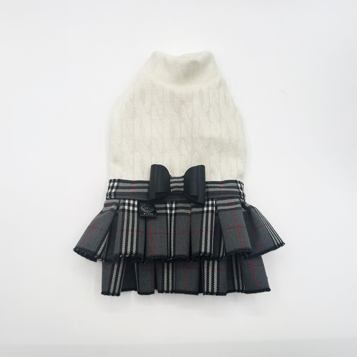 Abito Brit per cani piccoli con maglia panna a trecce e gonna scozzese grigia