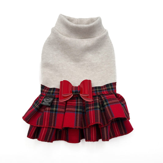 Abito Chris per cani piccoli in maglia beige melange con gonna scozzese rossa e fiocco in ecopelle