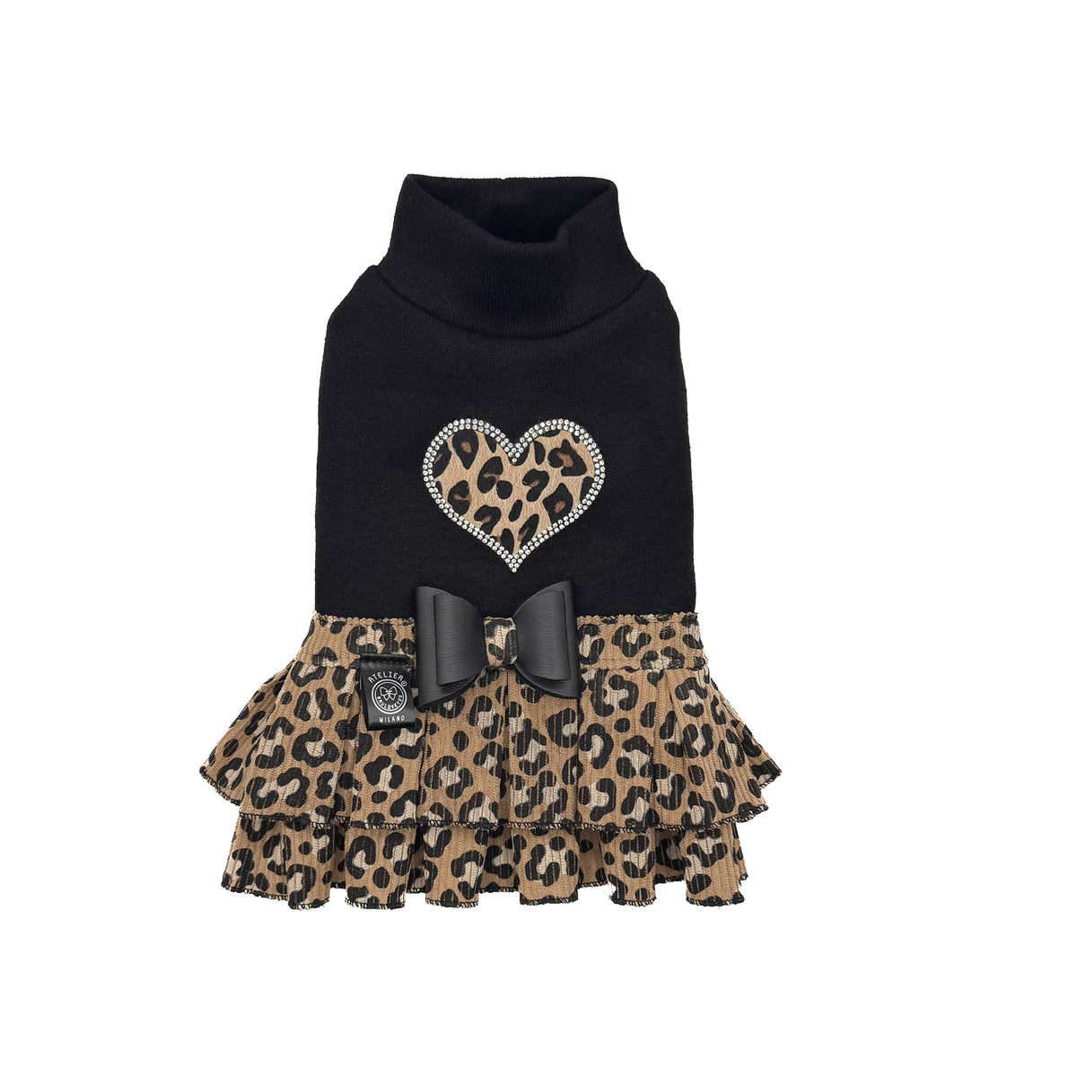 Abito Evelyne per cani piccoli con maglia nera, cuore maculato con strass e gonna a balze