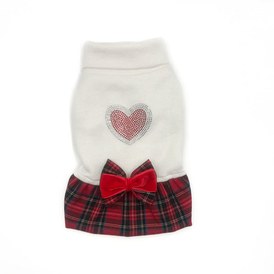 Abito Lampone per cani piccoli con maglia bianca, cuore in strass e gonna scozzese rossa