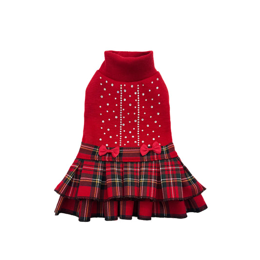 Abito Sibilla in maglia rossa con cristalli e gonna a balze in tessuto scozzese rosso