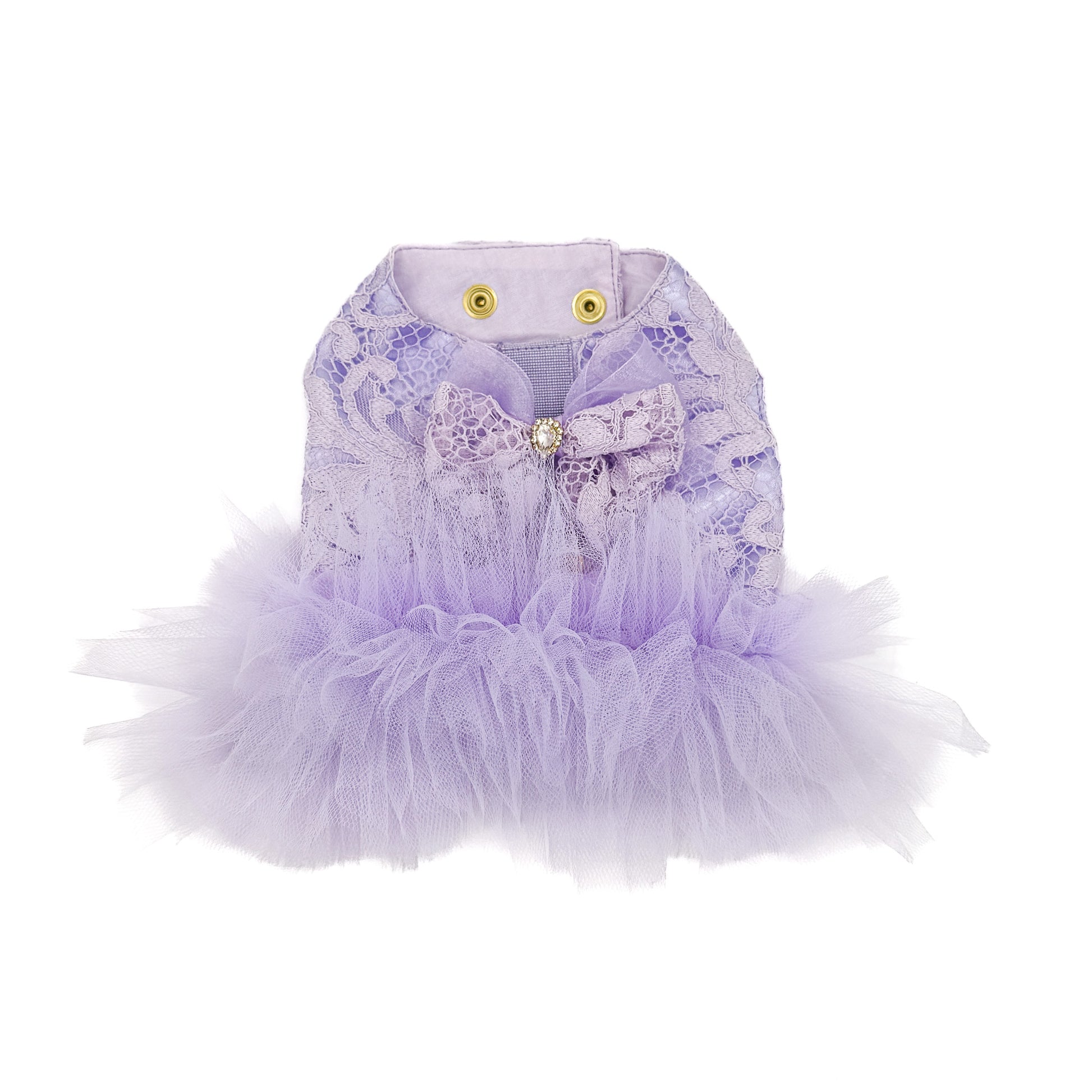 Violetta pettorina couture lilla in pizzo e tulle per cani piccoli, vista completa