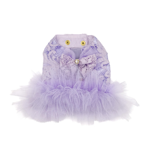 Violetta pettorina couture lilla in pizzo e tulle per cani piccoli, vista completa