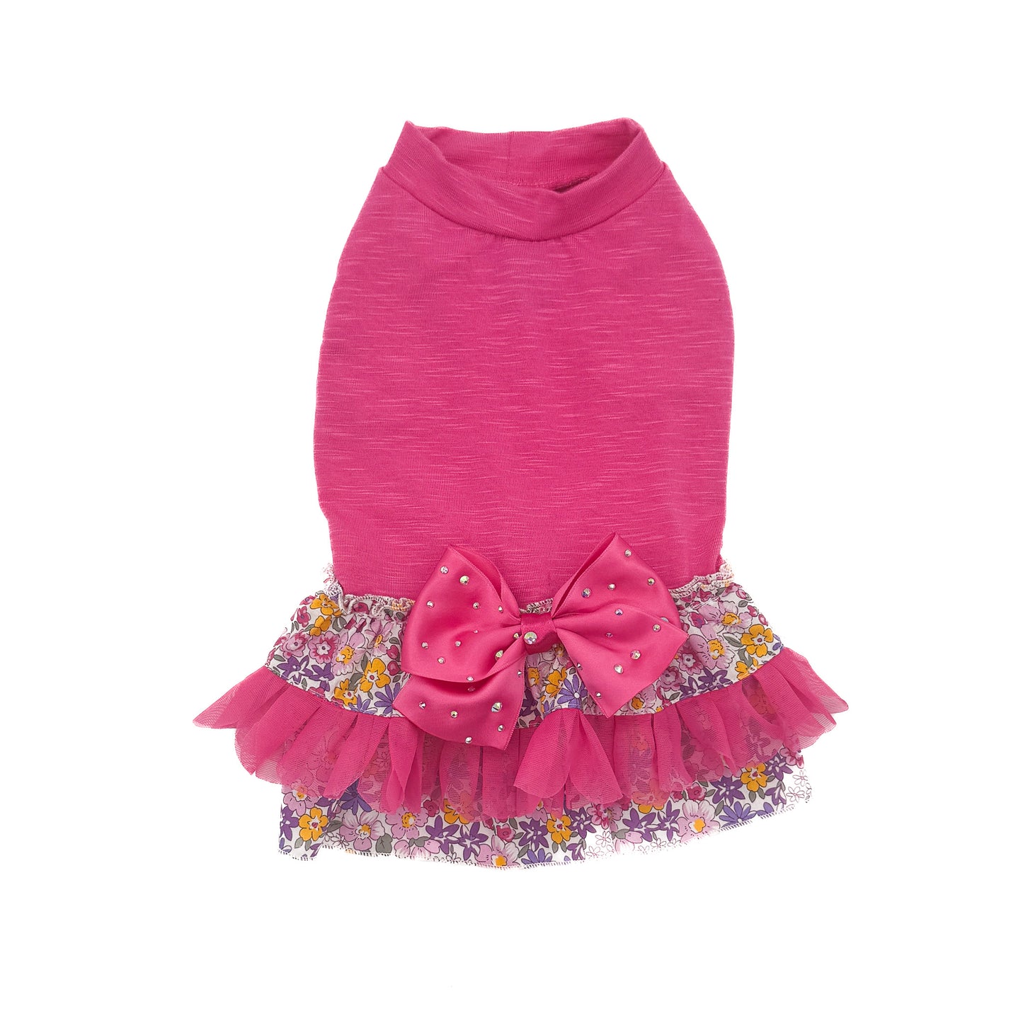 Abito fucsia Rosalie in viscosa con balze Liberty floreale su cane di piccola taglia