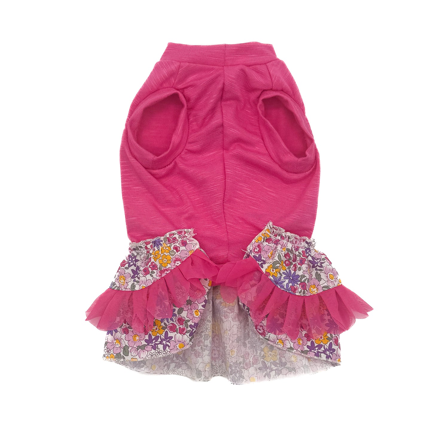 tshirt abito fucsia in viscosa con due balze in tessuto Liberty floreale e passamaneria a petali di fiore